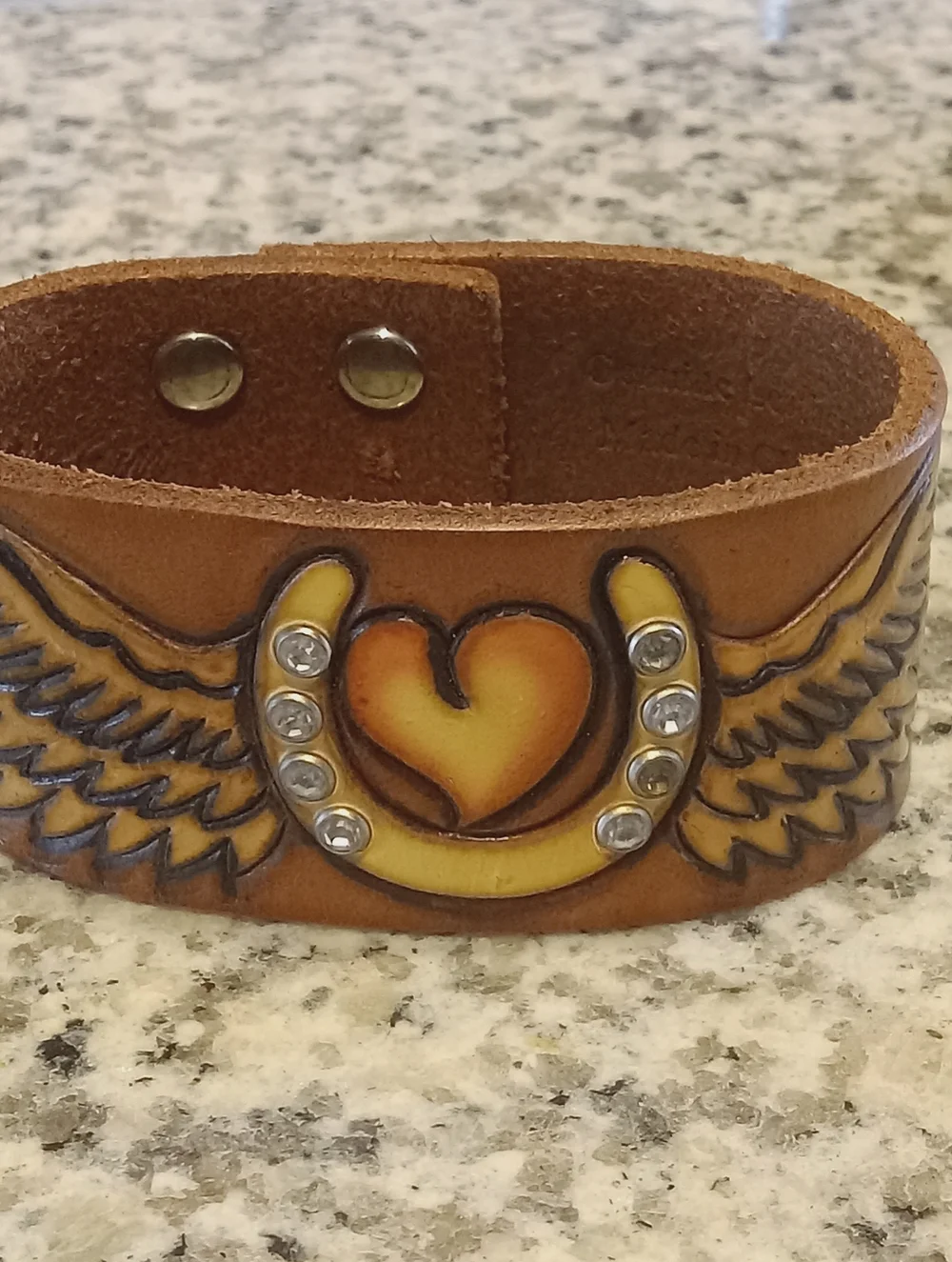 Geniune Leather Tooled Western Bracelet Wings Horseshoe Adjustable